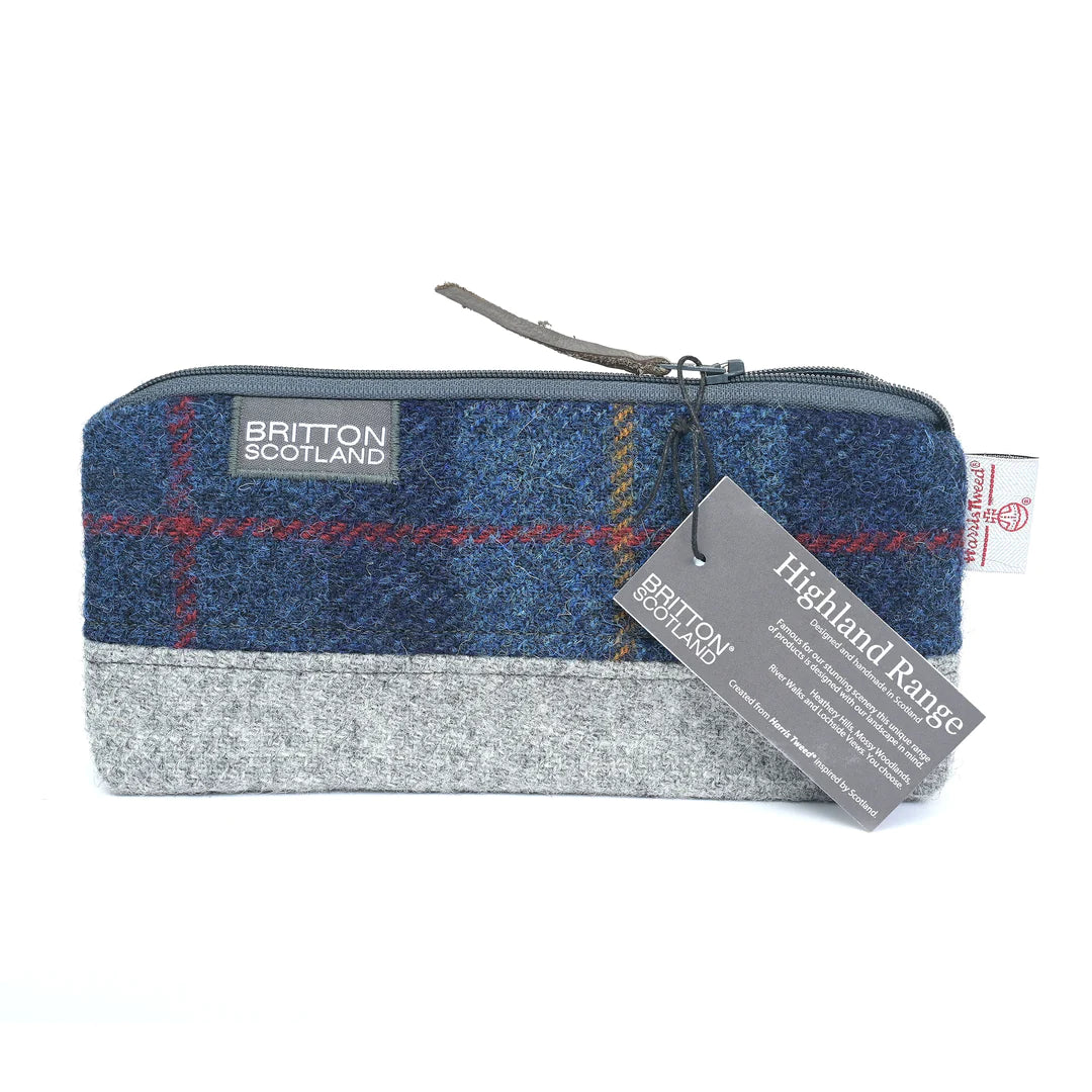 Harris Tweed Split Cosmetic Bag, Navy Plaid